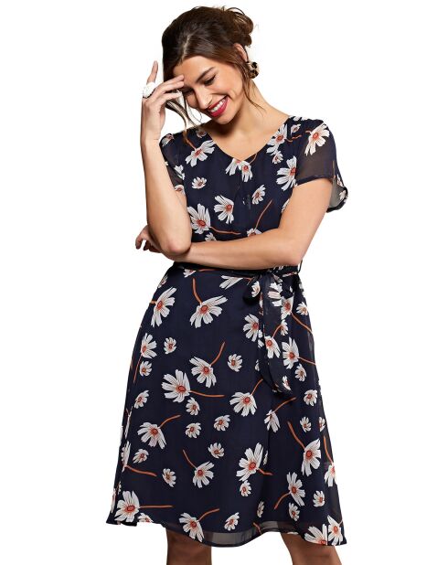 Robe courte fluide en voila imprimé bleu marine
