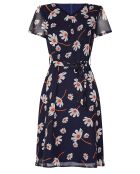 Robe courte fluide en voila imprimé bleu marine