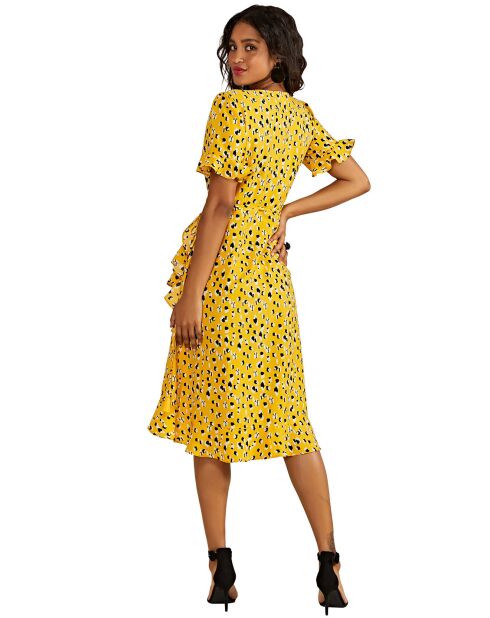 Robe courte façon kimono imprimé floral jaune
