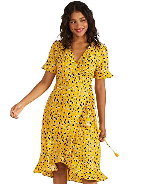 Robe courte façon kimono imprimé floral jaune