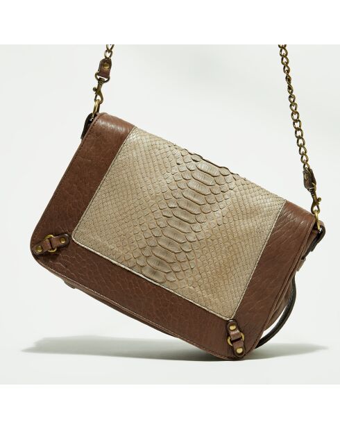Sac bandoulière en Cuir d'Agneau & Python Seren praline/éléphant - 25x11x16.5 cm
