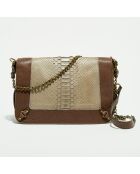 Sac bandoulière en Cuir d'Agneau & Python Seren praline/éléphant - 25x11x16.5 cm