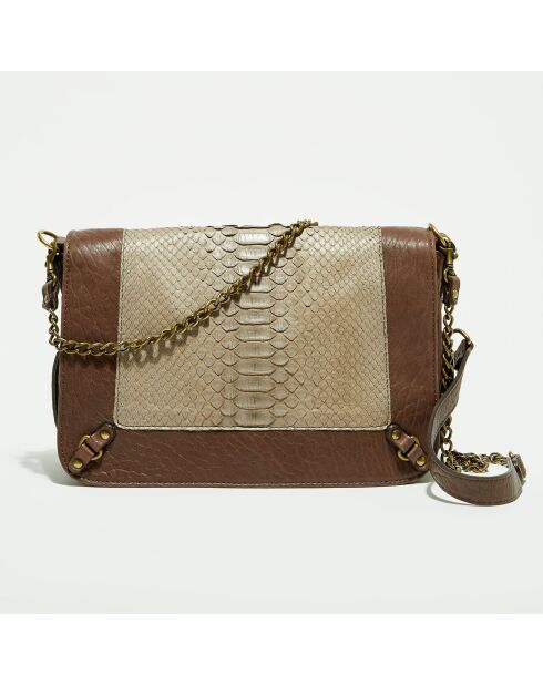 Sac bandoulière en Cuir d'Agneau & Python Seren praline/éléphant - 25x11x16.5 cm