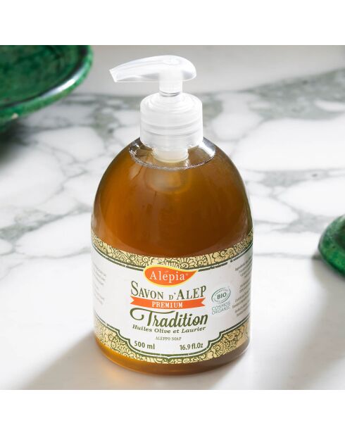 Savon d'Alep Liquide Premium Tradition Huiles Olive et Laurier BIO Douceur - 500 ml