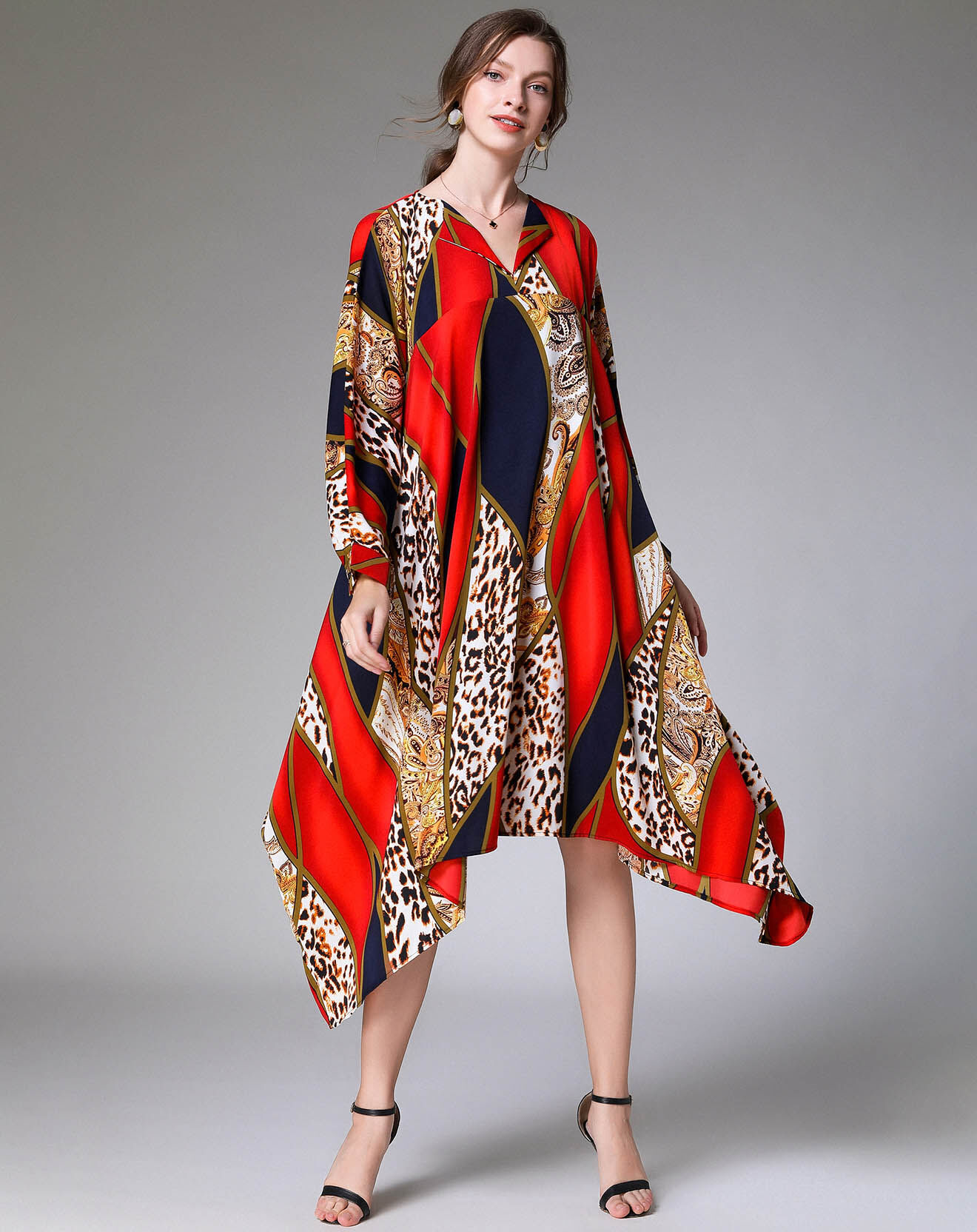 Robe Imprimée Rouge ICE – Longueur Genou – Satin – Taille 8 – Occasion Très Bon état