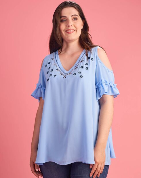 Blouse broderies décoratives bleue
