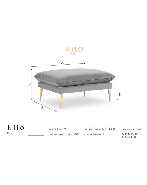 Pouf Velours Elio gris - 100x80x45 cm