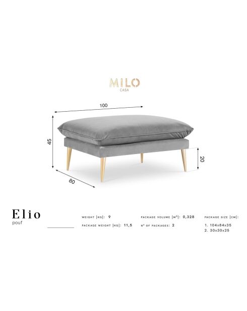 Pouf Velours Elio gris - 100x80x45 cm