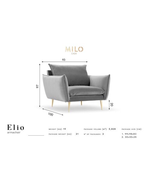 Sillón Elio de terciopelo gris claro - 93x100x97 cm