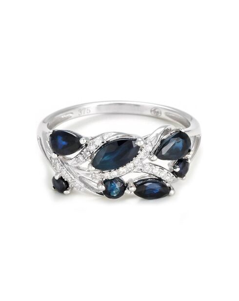Bague Floral en Or blanc, Diamants 0.06 ct & Saphirs 1.3 ct