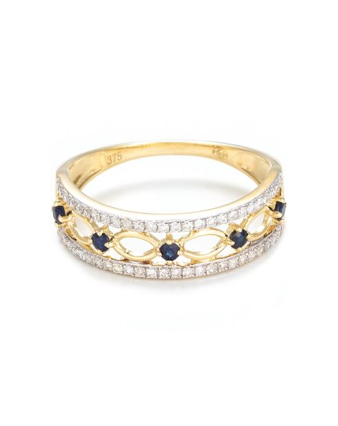 Bague Crown en Or jaune, Diamants 0.16 ct & Saphirs 0.14 ct