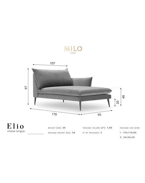 Dormeuse dritto Elio in velluto nero - 170x107x97 cm
