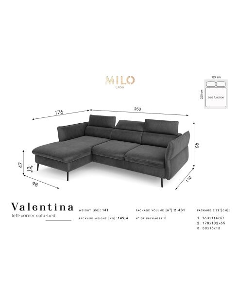 Canapé d'angle Gauche Velours Convertible Avec Coffre De Rangement Valentina bleu roi - 250x176x92 cm