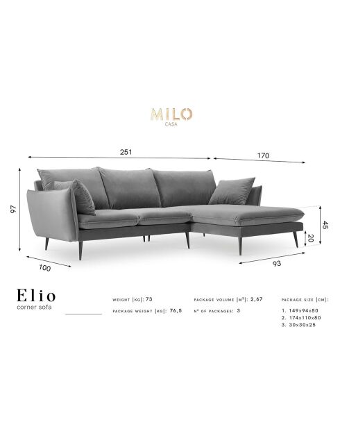 Canapé d'angle droit velours elio noir - 251x170x97 cm