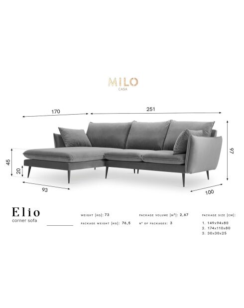 Canapé d'angle gauche velours elio bleu roi - 251x170x97 cm