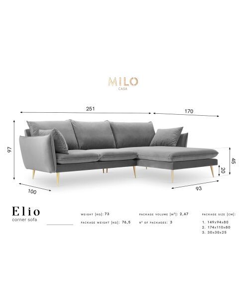 Elio rechtes Ecksofa aus beigem Samt - 251x170x97 cm