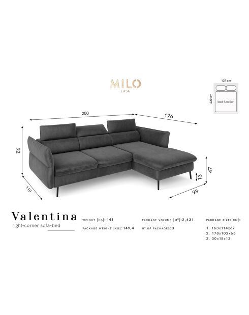 Canapé d'angle Droit Velours Convertible Avec Coffre De Rangement Valentina gris clair - 250x176x92 cm