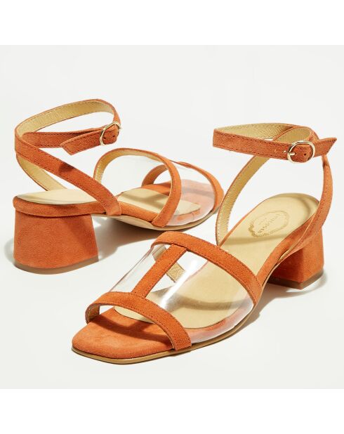 Aprikosenfarbene Ledersandalen aus Samt - 5 cm Absatz