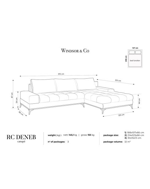 Canapé d'angle droit Velours convertible avec Coffre de Rangement Deneb bleu foncé - 315x212x87 cm