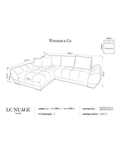 Canapé d'angle Gauche Velours convertible avec Coffre de Rangement Nuage noir - 285x192x92 cm