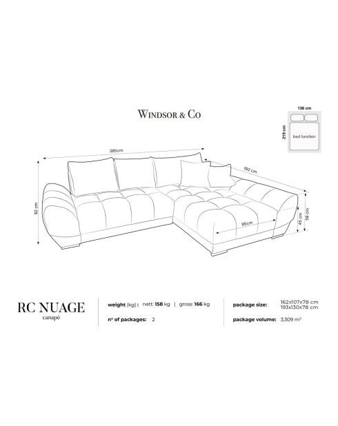 Canapé d'angle droit Velours convertible avec Coffre de Rangement Nuage gris foncé - 285x192x92 cm