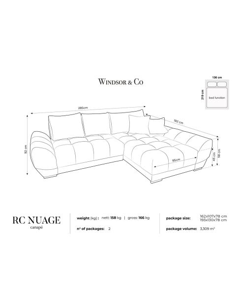 Canapé d'angle droit Velours convertible avec Coffre de Rangement Nuage noir - 285x192x92 cm