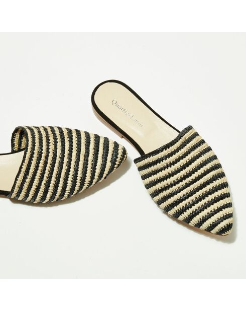 Zwart/natuurlijke raffia-muiltjes