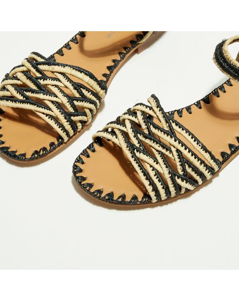 Flache Sandalen aus schwarzem und natürlichem Raffia