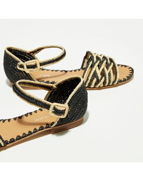 Flache Sandalen aus schwarzem und natürlichem Raffia