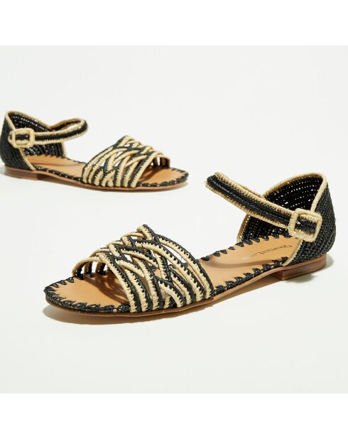 Flache Sandalen aus schwarzem und natürlichem Raffia
