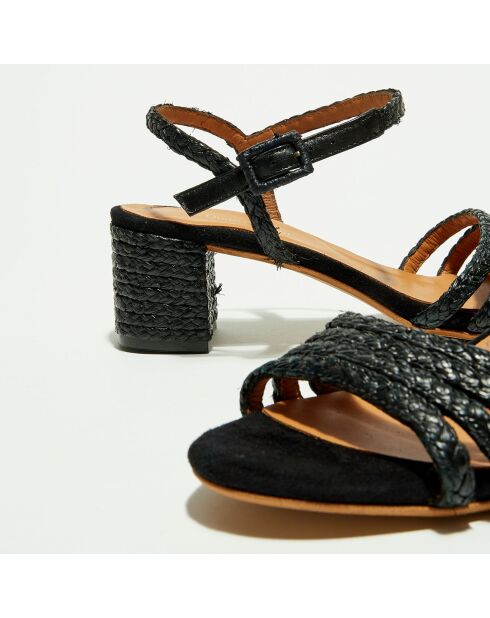 Schwarze Sandalen mit Raffia-Absatz - 5 cm Absatz