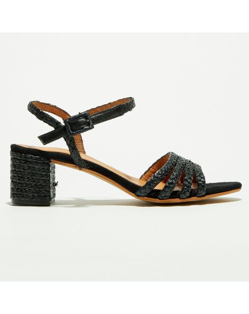 Schwarze Sandalen mit Raffia-Absatz - 5 cm Absatz