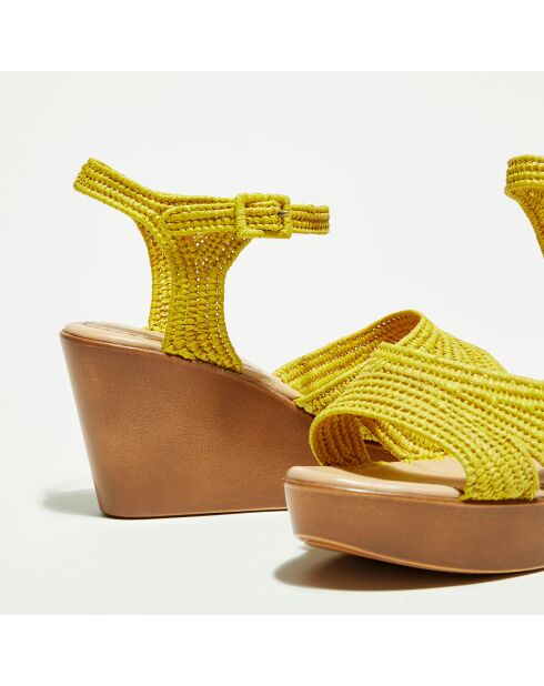 Gelbe Raffia-Keilsandalen - 5 cm Absatz