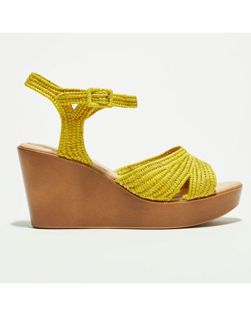 Gelbe Raffia-Keilsandalen - 5 cm Absatz