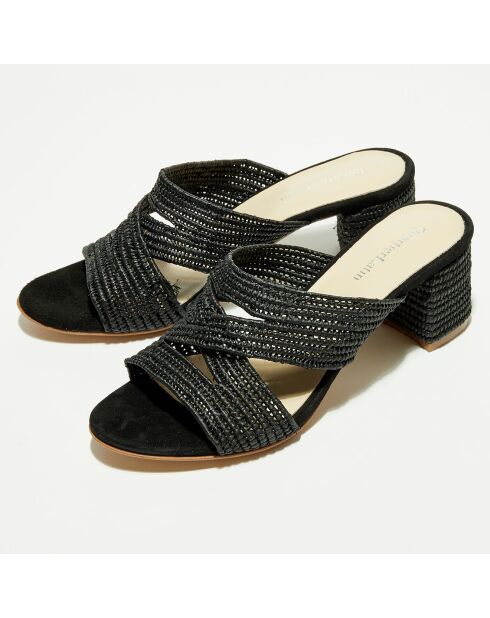 Schwarze Pantoletten mit Raffia-Absatz — 5 cm Absatz