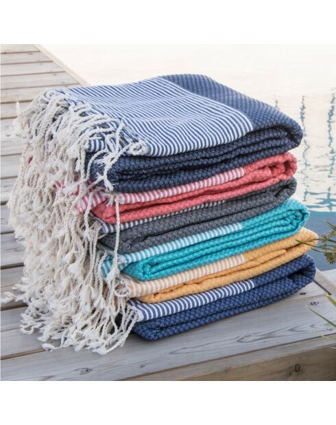 Panal de abeja Fouta Famiglia XXL Ibiza con fina franja azul griega, 200 x 200 cm