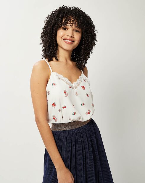 Top fluide dentelle & imprimé fantaisies blanc