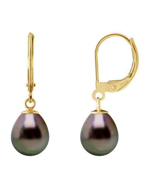 Schwarze Birnenohrringe aus Gelbgold mit Tahitiperle
