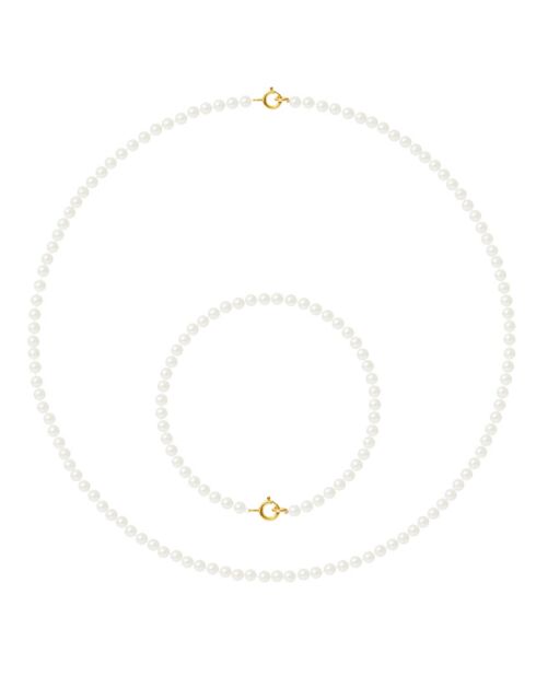 Parure Collier + Bracelet Rang Or Jaune Perles d'Eau Douce rondes blanches
