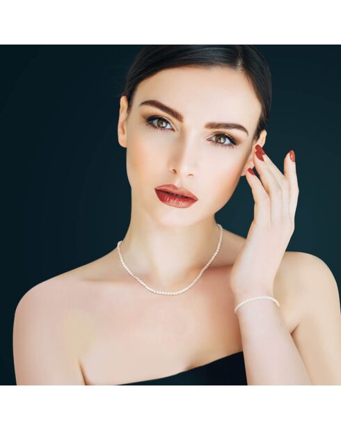 Parure Collier + Bracelet Rang Or Jaune Perles d'Eau Douce rondes blanches