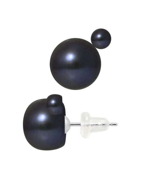 Boucles d'oreilles Duo Argent Perles d'Eau Douce boutons noires