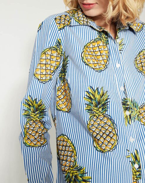 Chemise Gourmandise rayée & motifs ananas bleu pétrole