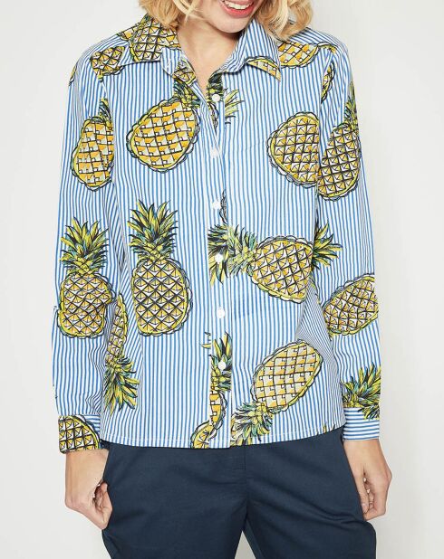 Chemise Gourmandise rayée & motifs ananas bleu pétrole