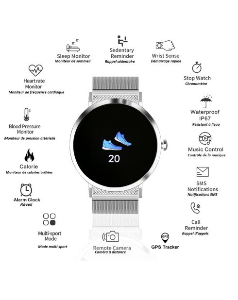 Reloj GPS multifunción compatible con iOS y Android plateado