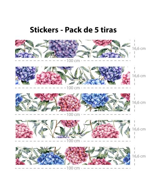 5 Bandes adhèsives Hortensias multicolores - 16.6x100 cm