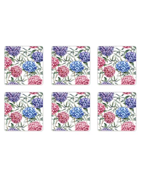6 Dessous de verre carrés Hortensias multicolores - 10x10 cm