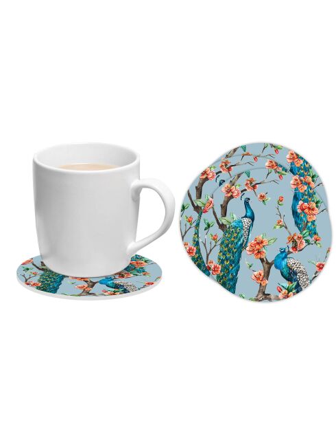 6 Dessous de verre ronds Pavos reales 2 bleus/corail - D.10 cm