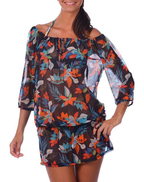 Tunique de Plage Charlotte fleurie marine