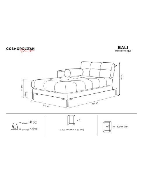 Méridienne Gauche Velours Bali beige clair - 185x102x78cm