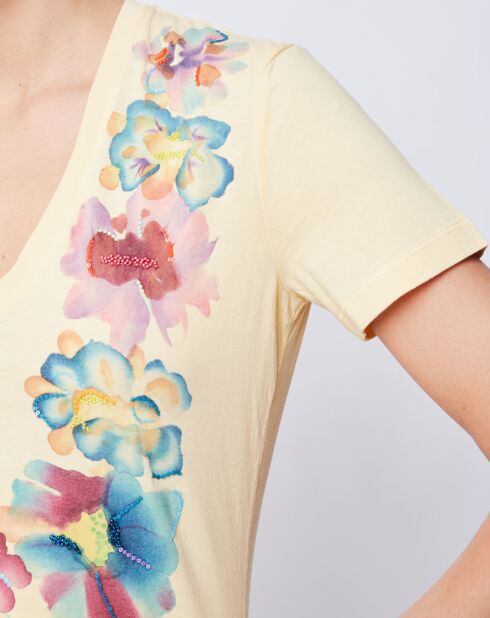 T-Shirt imprimé avec perles jaune/multicolore